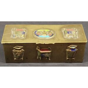 VINTAGE ORIENTAL ENAMELED BRASS STAMP TRINKET BOX